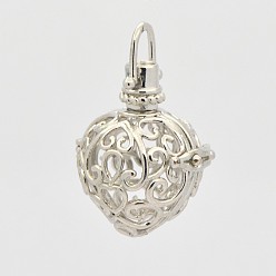 Platinum Filigree Heart Brass Cage Pendants, For Chime Ball Pendant Necklaces Making, Platinum, 35mm, 29x25x20mm, Hole: 6x6mm, 18mm inner diameter