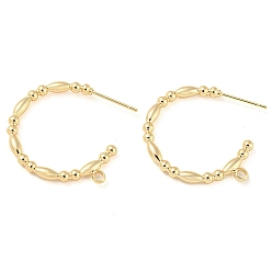 Real 18K Gold Plated Brass Ring Stud Earrings Findings, Half Hoop Earring Findings, with Loops, Real 18K Gold Plated, 23.5x25x2.5mm, Hole: 1.6mm, Pin: 11x0.7mm