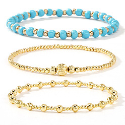 Бирюза 3Штукатурные браслеты из круглых бусин из стекла и латуни, эластичные., составные браслеты для женщин, золотые, бирюзовые, 6.50 дюйм (16.5 см) ~ 6.89 дюйм (17.5 см)