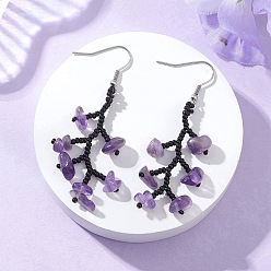 Аметист 316 серьги-подвески из хирургического стекла с бусинами из нержавеющей стали, с естественным аметист, цвет нержавеющей стали, 60~62 мм