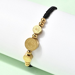 Черный Регулируемые 304 плоские круглые браслеты из нержавеющей стали с плетеными бусинами Святого Бенедикта для женщин, золотые, чёрные, внутренний диаметр: 2~3-3/8 дюйм (5~8.5 см)