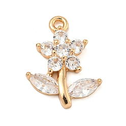 Цветок Латунные микропаве прозрачные подвески с фианитом, реальный 18 k позолоченный, цветок, 19x15x4 мм, отверстие : 1.6 мм