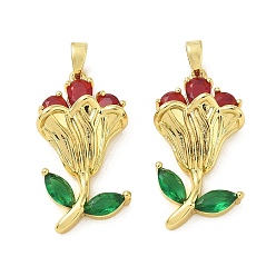 Coloré Micro cuivres ouvrent pendentifs zircone cubique, charmes de fleurs, réel 18 k plaqué or, colorées, 27x14x6.5mm, Trou: 4.5x2.5mm