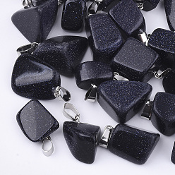 Blue Goldstone Synthetic Blue Goldstone Pendants, with Stainless Steel Snap On Bails, Nuggets, 15~35x10~20x5~15mm, Hole: 3x7.5mm