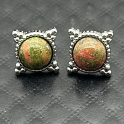 Серебро Серьги-гвоздики из сплава с натуральным тигровым глазом и цветком, серебряные