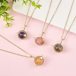 Mixed Color 4Pcs 4 Styles Natural Labradorite & Yellow Hematoid Quartz & Amethyst & Dyed Green Jade Copper Wire Wrapped Planet Pendant Brass Cable Chain Necklaces for Women, Golden, Mixed Color, 17.32 inch(44cm), 1pc/style