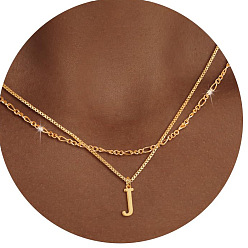 Letter J Сплав начальный кулон двухслойные ожерелья для женщин мужчин, золотые, буква J, 17.72 дюйм (45 см)