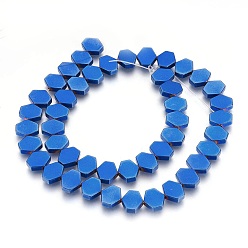 Blue Plated Electroplated Non-magnetic Synthetic Hematite Beads Strands, Polish, Hexagon, Blue Plated, 10x9x3mm, Hole: 1mm, about 45pcs/strand, 15.74 inch(40cm)