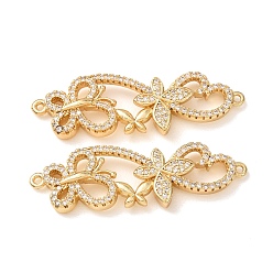 Real 18K Gold Plated Brass Micro Pave Clear Cubic Zirconia Connector Charms, Butterfly with Flower Links, Rack Plating, Long-Lasting Plated, Cadmium Free & Lead Free, Real 18K Gold Plated, 12x39x3mm, Hole: 1.2mm