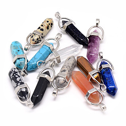 Mixed Stone Natural & Synthetic Mixed Stone Double Terminated Pointed Pendants, with Brass Findings, Bullet, Platinum, 40~43x13x10mm, Hole: 4x5mm