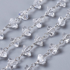 Прозрачный Ручной цепи стекло бисером, с латунной фурнитурой платинового цвета, пайки, долговечный, треугольные, граненые, прозрачные, 3.5~4x4~4.5x3 мм, около 32.8 футов (10 м) / рулон