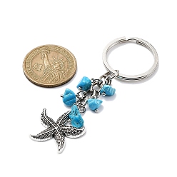 Морская звезда Подвесные брелки из сплава, с железным кольцом для ключей и кристаллом синтетической бирюзы, морская звезда, 8.2 см