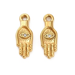 Настоящее золото 18K 304 кулон из нержавеющей стали с кристаллами и стразами, ионное покрытие (ip), оберег на руку хамса, реальный 18 k позолоченный, 24.5x9x4 мм, отверстие : 2 мм