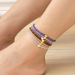 (52) Непрозрачная лаванда 7 шт. комплекты браслетов на лодыжку из латуни и стеклянных бусин в стиле бохо с сердечками, штабелируемые ножные браслеты, золотые, разноцветные, внутренний диаметр: 3 дюйм (75 мм)