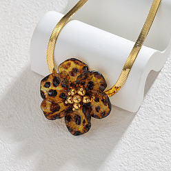 Седло Коричневый Акриловый леопардовый принт 3 Подвеска в виде цветка 304 Плоская цепочка-змейка из нержавеющей стали для женщин, золотые, седло коричневый, 16.14 дюйм (41 см)