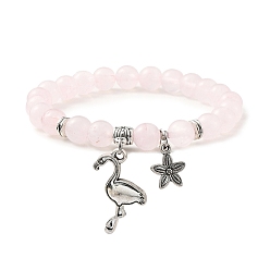 Розовый Кварц Эластичные браслеты из натурального розового кварца с круглыми бусинами, с подвесками в виде фламинго из сплава в тибетском стиле, внутренний диаметр: 2 дюйм (5.2 см)