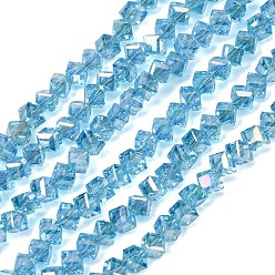 Deep Sky Blue Electroplate Transparent Glass Beads Strands, Cube, Faceted, AB Color Plated, Deep Sky Blue, 3.5x4.5x4mm, Hole: 1.1mm, about 99pcs/strand, 13.46''(34.2cm)