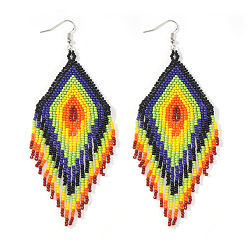 Желтый Серьги-кисточки из бисера ручной работы из богемного стекла, платина, ромб, желтые