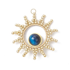 Синий Круглый натуральный окрашенный тигровый глаз с подвесками в виде солнца из стеклянных бусин, с открытыми пружинными кольцами из нержавеющей стали 304, золотые, синие, 35x34x8.5 мм, отверстие : 3 мм