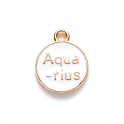Aquarius Alloy Enamel Pendants, Flat Round with Constellation, Light Gold, White, Aquarius, 15x12x2mm, Hole: 1.5mm, 100pcs/Box