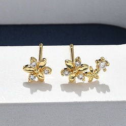 Золотой Серьги-гвоздики из прозрачного кубического циркония с цветочным узором из латуни и микропаве, без кадмия и без свинца, стойки покрытие, долговечный, золотые, 6x6.5 мм