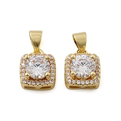 Настоящее золото 18K Латунные микропаве прозрачные подвески с фианитом, без кадмия, без никеля и без свинца, квадратных амулеты, стойки покрытие, прочное покрытие, ионное покрытие (ip), реальный 18 k позолоченный, 11.5x9x6 мм, отверстие : 4.5 мм