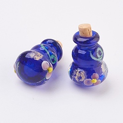 Mixed Color Handmade Lampwork Perfume Bottle Pendants, Essential Oil Bottle, with Gold Sand, Calabash, Mixed Color, 29~32mm, Hole: 5~5.5mm, Bottle Capacity: 0.5~1ml(0.017~0.03 fl. oz)