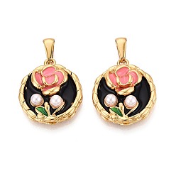 Лосось 304 подвески из нержавеющей стали, эмали и искусственного жемчуга из АБС-пластика, плоские круглые и цветочные подвески, золотые, salmon, 24x21x7~7.5 мм, отверстие : 8x3~3.5 мм