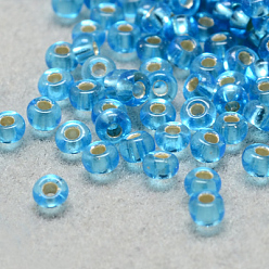 Deep Sky Blue 6/0 Grade A Round Glass Seed Beads, Silver Lined, Deep Sky Blue, 6/0, 4x3mm, Hole: 1mm, about 4500pcs/pound