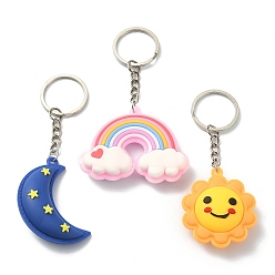 Mixed Color PVC Plastic Pendant Keychain,  with Platinum Plated Iron Split Key Rings, Sun & Moon & Rainbow, Mixed Color, 10.1~11cm, 3pcs/set