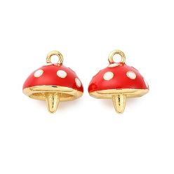 Красный Латунь эмаль прелести, грибные прелести, стойки покрытие, долговечный, без кадмия и без свинца, реальный 18 k позолоченный, красные, 12x11.5 мм, отверстие : 1.5 мм