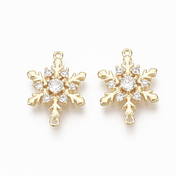 Real 18K Gold Plated Brass Micro Pave Clear Cubic Zirconia Links, Nickel Free, Christmas Snowflake, Real 18K Gold Plated, 16.5x11.5x2.5mm, Hole: 1mm