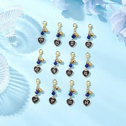 Золотой 12 шт. 12 стили двенадцать созвездий сплав черная эмаль с подвесками в виде сердца синего стекла, с карабин-лобстерами , золотые, 42 мм, 1 шт / стиль