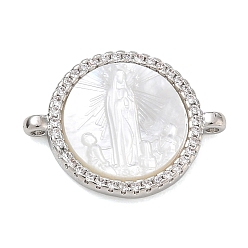 Platino Colgantes de conector de zirconia cúbica transparente micro pavé de latón chapado en rack, Redonda plana con eslabones de la Virgen María, con cáscara blanca natural, sin plomo y cadmio, Platino, 15x20x3 mm, agujero: 1 mm