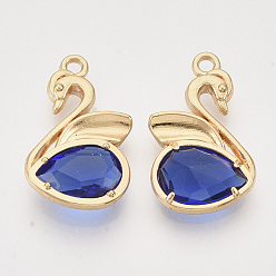Light Gold Eco-Friendly Alloy Pendants, with Faceted Glass, Nickel Free, Swan, Blue, Light Gold, 20x12.5x4mm, Hole: 1.5mm