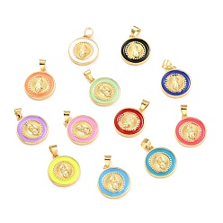 (52) Непрозрачная лаванда Латунь эмаль подвески, без кадмия и без свинца, долговечный, плоские круглые с Девой Марией, реальный 18 k позолоченный, разноцветные, 18x16x2.5 мм, отверстие : 4.5x3.5 мм