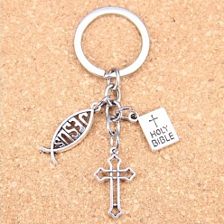 Antique Silver & Platinum Religion Theme Zinc Alloy Keychain, Cross with Fish and Book, Antique Silver & Platinum, 7.5cm