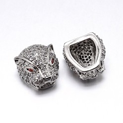 Платинированный Экологически чистые латунные бусины с леопардовым паве из кубического циркония, без свинца, без кадмии и без никеля, прозрачные, Реальная платина, 14x13x9 мм, Отверстие : 3 мм & 7x4 мм