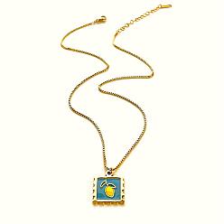 Лимон 316Квадратное ожерелье из хирургической нержавеющей стали с эмалированным покрытием и подвеской в виде фрукта для женщин, золотые, глубокое синее небо, лимон, 15.75 дюйм (40 см)