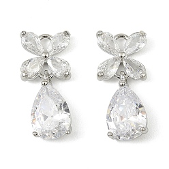 Платина Латунные микро проложить кубического циркония подвески, без кадмия, без никеля и без свинца, цветок с каплей, платина, 20x9x4.5 мм, отверстие : 2x1 мм
