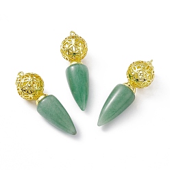Зеленый Авантюрин Естественный зеленый авантюрин большие кулоны, конические подвески со стойкой, покрытые латунным полым шариком, золотые, без кадмия и без свинца, 57~58x17.5~18 мм, отверстие : 8x5 мм