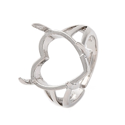 Платина Латунные компоненты открытого кольца манжеты, настройки кольца для горного хрусталя, стойки покрытие, прочное покрытие, без кадмия и без свинца, сердце, платина, размер США 7 1/4 (17.5 мм)