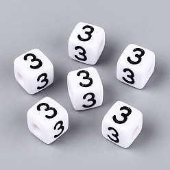 Number Непрозрачные акриловые европейские большие бусины, куб с числа 3, с эмалью, число, 9.5~10x9.5~10x9.5~10 мм, отверстие : 4 мм