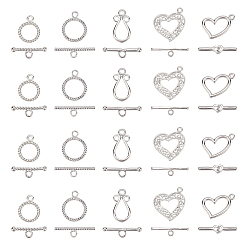 Platinum Brass Toggle Clasps, Mixed Shapes, Platinum, Heart: 28x23x2mm, Bar: about 27x6x2mm, Hole: 2mm, 20sets/box