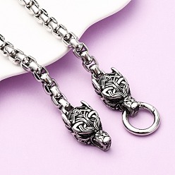 Античный Серебристый & Цвет Нержавеющей Стали 304 двойное ожерелье из нержавеющей стали с подвеской в виде головы волка, старинное серебро и цвет нержавеющей стали, 23.94 дюйм (60.8 см)