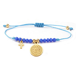 Синий 304 из нержавеющей стали шарм браслеты, Браслеты из плетеных бусин из стекла и латуни для женщин, крест и плоский круг со святым Бенедиктом, синие, 11.02 дюйм (28 см)