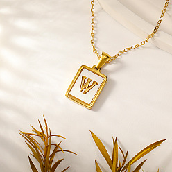 Letter W Прямоугольник 304 ожерелья с инициалами из нержавеющей стали с натуральным белым ракушечником для женщин, реальный 18 k позолоченный, Буква W, 15.75 дюйм (40 см)