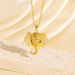 Real 18K Gold Plated Brass Micro Pave Clear Cubic Zirconia Pendant Necklaces for Women, Elephant, Real 18K Gold Plated, 15.75 inch(40cm)