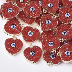 Red Druzy Resin Pendants, with Edge Light Gold Plated Iron Loops, Heart with Evil Eye, Red, 22~23x19x5.5mm, Hole: 1.8mm