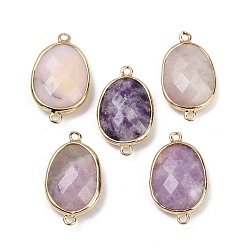 Лепидолит Натуральный лепидолит ограненные соединительные подвески, покрытие стойки латунные овальные звенья, золотые, 22.5~23x13.5~14x6 мм, отверстие : 1.4 мм